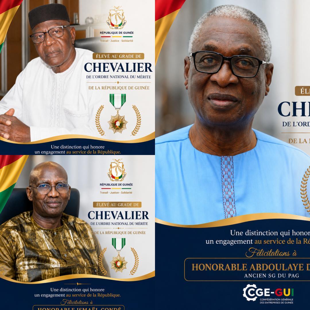 𝐃𝐈𝐒𝐓𝐈𝐍𝐂𝐓𝐈𝐎𝐍𝐒 𝐄𝐓 𝐄𝐍𝐆𝐀𝐆𝐄𝐌𝐄𝐍𝐓 𝐀𝐔 𝐒𝐄𝐑𝐕𝐈𝐂𝐄 𝐃𝐄 𝐋𝐀 𝐑𝐄́𝐏𝐔𝐁𝐋𝐈𝐐𝐔𝐄  La 𝐂𝐆𝐄-𝐆𝐔𝐈 adresse ses chaleureuses félicitations aux 𝐇𝐨𝐧𝐨𝐫𝐚𝐛𝐥𝐞𝐬 𝐝𝐢𝐬𝐭𝐢𝐧𝐠𝐮é𝐬, élevés au grade de 𝐂𝐡𝐞𝐯𝐚𝐥𝐢𝐞𝐫 𝐝𝐞 𝐥’𝐎𝐫𝐝𝐫𝐞 𝐍𝐚𝐭𝐢𝐨𝐧𝐚𝐥 𝐝𝐮 𝐌𝐞𝐫𝐢𝐭𝐞 𝐝𝐞 𝐥𝐚 𝐑é𝐩𝐮𝐛𝐥𝐢𝐪𝐮𝐞 𝐝𝐞 𝐆𝐮𝐢𝐧é𝐞.
